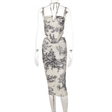 Fongt Vintage Style Slim Print Skirt Two-Piece Fashion Suit