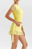 Mesh Ruffle Short Sleeve Top And Mini Skirt Set-Outfit
