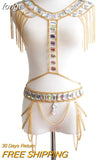 Rhinestones Two Piece Outfits Women Hollow Out Tank Top Link Chain Tassels Skirts 2 Piece Set Party Club Summer