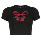 And Lovely Cherry Bow Printed Round Collar Basic T-Shirt Girls Wear A New Style Of Simple Blouse In Summer-Outfit