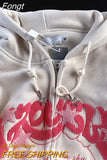 Fall Winter Women Zipper Design Drawstring Tie Up Letter Pattern Sweatshirts Baggy Long Sleeve Classic Hip-hop Hoodies