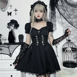 Cross Print Strap Shoulder Lace Spliced Dress Dark Sexy Slim Princess Dress-Outfit