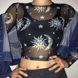 Fongt Summer Hot Style Women's New Moon Printed Mesh Perspective T-Shirt Short Jacket-Outfit