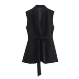 Fongt Women's Explosive Solid Color With Belt Medium Long Vest + Casual Pants Set