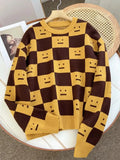 Women's Winter Sweaters Plaid Casual Loose Long Sleeve Pullover Knit Contrast Color Design Fashion Women Sweaters