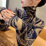 Women's Clothing Vintage Printed Pullovers Casual Turtleneck Autumn Winter Commute Long Sleeve All-match Slim Knitted T-shirt-Outfit