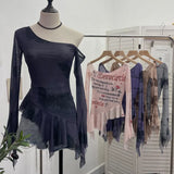 Tie Tie Net Yarn Oblique Shoulder Babes Sexy Body-On-Sleeve Horn Irregular Top
