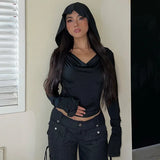 Windy Collar, Shoulder Sexy, Hooded Blouse, 2023 Slim, Solid Color, Long-Sleeved T-Shirt.-Outfit