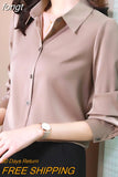 Spring Shirt Women Long Sleeve Satin Fashion Solid Ladies Tops Blouse Single-breast Button Chiffon Turn-down Collar