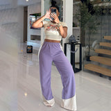 Fongt Women's High-End Fashion Casual Style Stripe Loose Waist Loose Leg