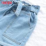 Women Pockets Denim Shorts with Slash 2021 Summer Vintage High Elastic Waist Female Short Pants Mujer