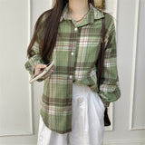Vintage Plaid Print Long Sleeve Blouse-Outfit