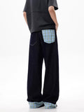 Sales Retro Washing Plaid Splicing Crimped Dark Men's And Women's Jeans Straight Sweep Long Trousers-Outfit