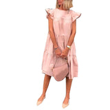 Neck Ruffled Short Sleeve Large Hem A Line Midi