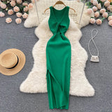 Fongt Sexy Round Neck Kink Solid Color Vest Knit Skirt Front And Back Two Wear Elastic Tight Wrap Hip Dress-Outfit