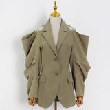 Solid Fold Pleated Women Coat Notched Long Sleeve Gathered Waist Cut Out Women's Blazer 2022 Fashion Clothing