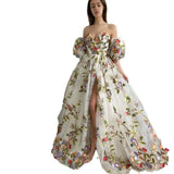 Fongt Spring And Summer New Women's Dress A Word Shoulder Open Fork Embroidery Temperament Mesh