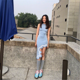 Asymmetrical Wavy Hem Round Collar Knit Midi Dress-Outfit