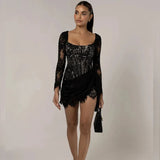Black Long Sleeve Lace Bodycon Drape Mini Dress-Outfit