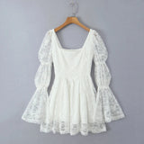 White Lace Long Sleeve Square Collar Mini Dress-Outfit
