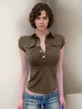 Fongt Retro Two-Sided Pocket Polo Collar Short Casual T-Shirt T-Shirt T-Shirt Buckle Work-Loaded Jacket