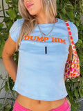Fongt New Solid Color Letter Print Round Collar Head Short Sleeve Crop Casual Top-Outfit