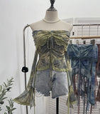 Small-Sized Old-Fashioned Green Shoulder Horn Sleeve Blouse Dye Net Yarn Lace Draw Rope Short T-Shirt