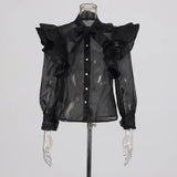 Elegant Wind-Breeze-Permeable Shirt 2025 New Temperament Niche Splicing Lotus Edge Design Mesh Shirt Female