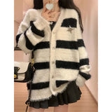 / Winter 2023 Imitation Mink Cardigan Soft Waxy Sweater Women's Loose And Versatile Striped Knit Top Lazy Wind Coat-Outfit