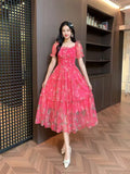 Fongt Gentle Wind And Rags Retro Tea Chiffon Dress Female Waist Temperament Shoulder Bubble Sleeve Mesh Dress