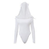 Fongt Women's Design Sensibility Lace Lace Solid Color Top One-Line Collar Hooded Long Sleeve Jumpsuit Woman-Outfit