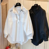 Autumn Stand Collar Blouse Commute Korean Loose Female Clothing Stylish Button Drawstring Basic Casual Long Sleeve Shirt-Outfit