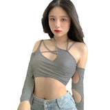 Fongt Summer Women's Solid Color Sling Hanging Neck Exposed Navel Dew Back Sleeve Women's Jacket-Outfit