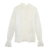 Fongt Autumn Lace Tjersey Horn Sleeve Mesh With Lace Lace Collar Gas Hit Bottom Blouse Small Shirt
