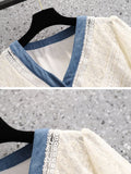 Women Lace Patchwork Denim Dresses Summer Short Sleeve V Neck High Waist A-line Dresses Korean Casual Women Dresses