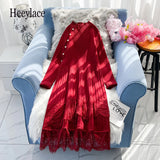 Winter Women Dress 2022 Lace Patchwork Knitted Midi Dresses For Women Long Sleeve Loose Female Sweater