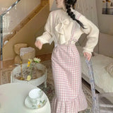 sweet Lolita pink Plaid Strap Dress women Japanese Kawaii Bow Slim Party dresses Female Korean Fashion y2k birthday Dress-Outfit