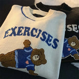 Grey Letter Bear Printing Pullover Sweater Female Loose O-Neck Long-sleeved Knitted Tops Women Autumn and Winter