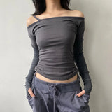 Fongt Stitching Rope Tie Function Wind A Word Collar Top Female Shoulder Solid Color Slim Versatile Top-Outfit