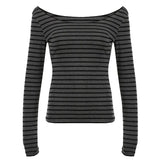Striped Shoulder Long-Sleeved Blouse With A Lazy Wind And A Light Smock To Cover The Meat Shows A Thin T-Shirt.-Outfit