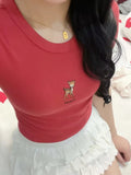 Women Soft Cotton Red Deer Embroidery Tees 2023 Summer Fashion Ladies O Neck Casual Female Short Sleeves Slim Tops-Outfit