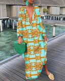 New Hot Style Fashion Print V-Neck Button Dress Women's Wear-Outfit
