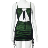 Women Sexy Black Mesh Patchwork Bodycon Mini Dress Spaghetti Strap Cut Out Green Dress Lace Up Ruched Slim UK Robe 2021