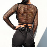 Fongt Wind Grid Stitched Cross-Tieed Air-Screen Sunscreen Shirt Sexy Perspective Shorts Umbilly T-Shirt Top