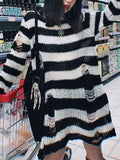 Distressed Stripe Longline Sweater-Outfit