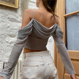 Fongt Spring 2023 Women's Fashion Sexy One-Line Collar Sling Perspective Mesh Long Sleeve