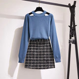 style women 2 Piece Outfits knitted sweater plaid mini Skirt Set casual elegant ladies 2 Piece Set fall Winter