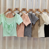Fongt With Drawstring T-Shirt For Girls Summer New Retro French Style Collar Temperament Collar Collar Short Sleeve Top In