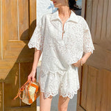 Fongt Name Maid Small Fragrant Suit Female Hollow Embroidery Top + Shorts Casual Set Shenzhen South Oil Women's