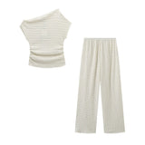 Spring Knitted Slimming Blouse Solid Color Texture Trousers Set 5039346-Outfit